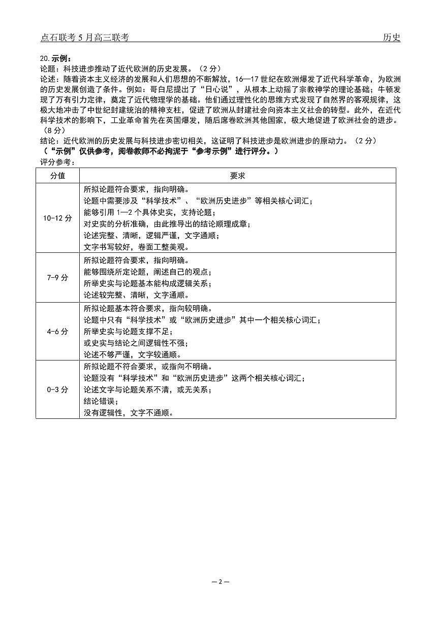 辽宁点石联考2025届高三5月份联合考试-历史答案第2页