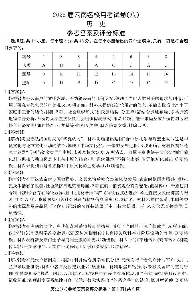 2025届云南名校月考（八）历史答案第1页