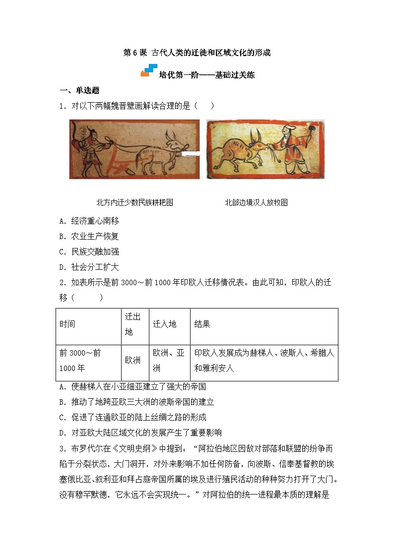 人教统编版高中历史选修3 3-6《古代人类的迁徙和区域文化的形成》（原卷版无答案）课时训练第1页