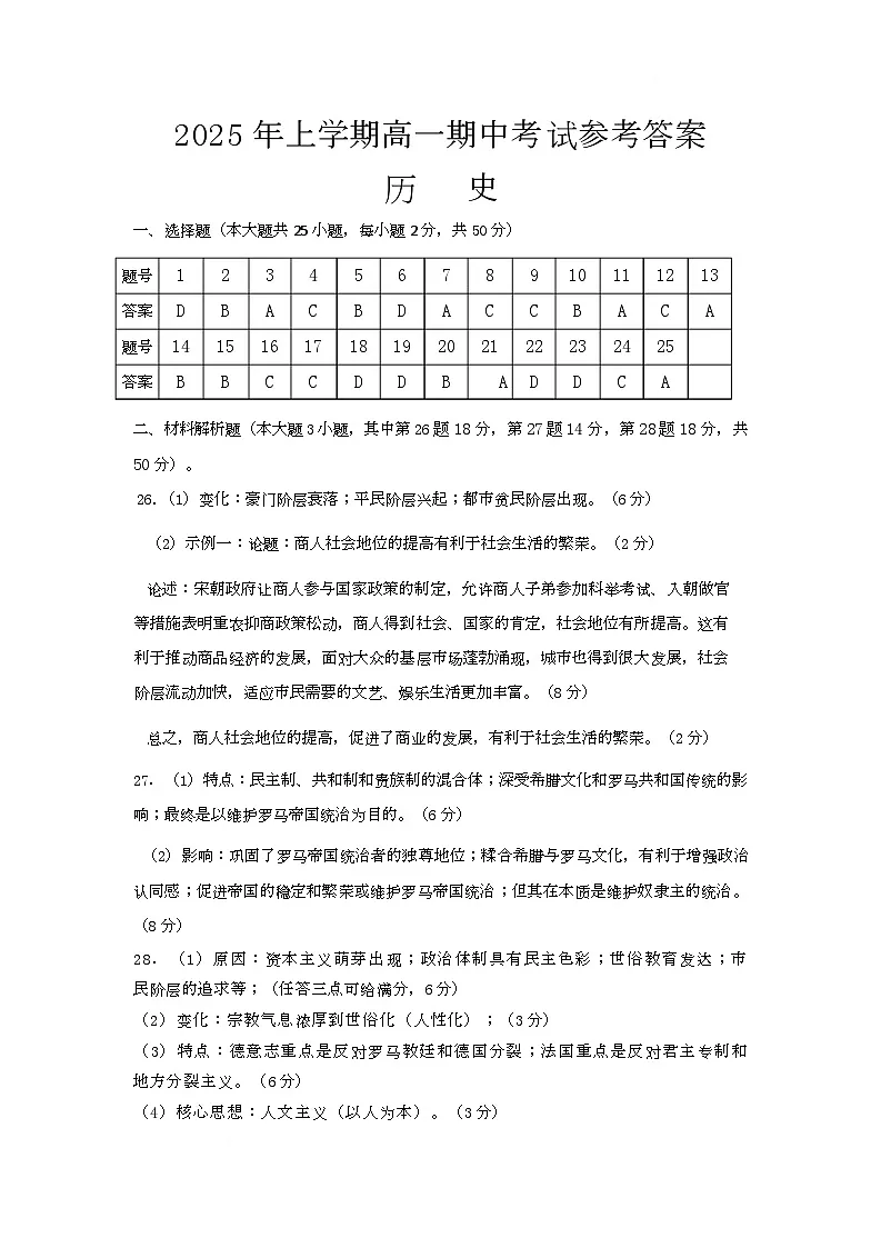 高一历史试卷答案第1页
