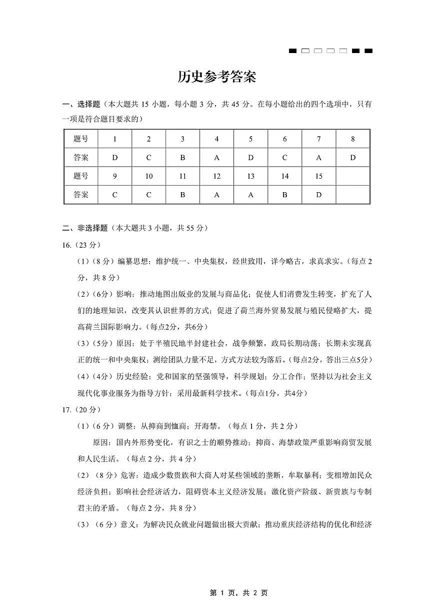 重庆市第八中学2025届高三5月适应性月考卷（七）历史答案第1页