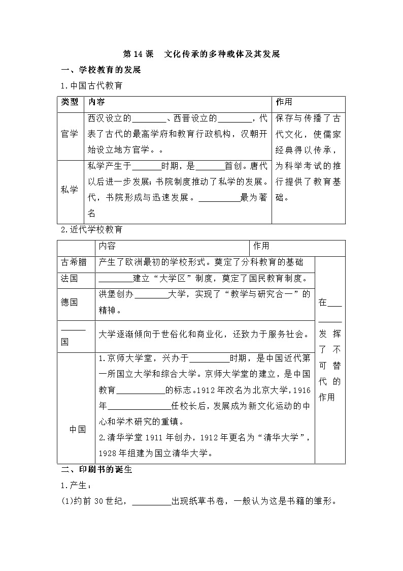 人教统编版高中历史选修3 6-14《文化传承的多种载体及其发展》导学案第1页