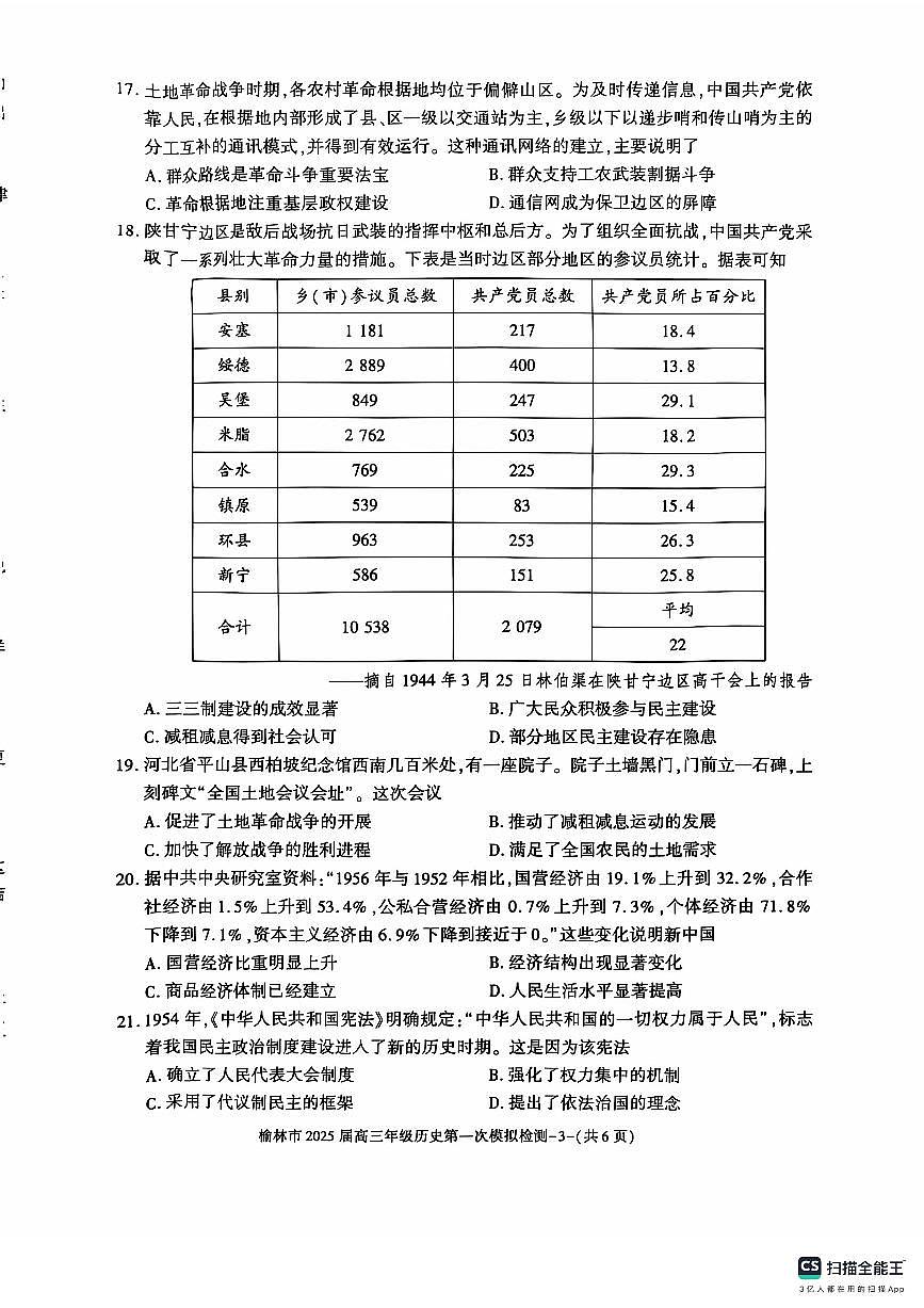 陕西省榆林市2024-2025学年高三上学期11月期中考试 历史试题（含答案）第2页