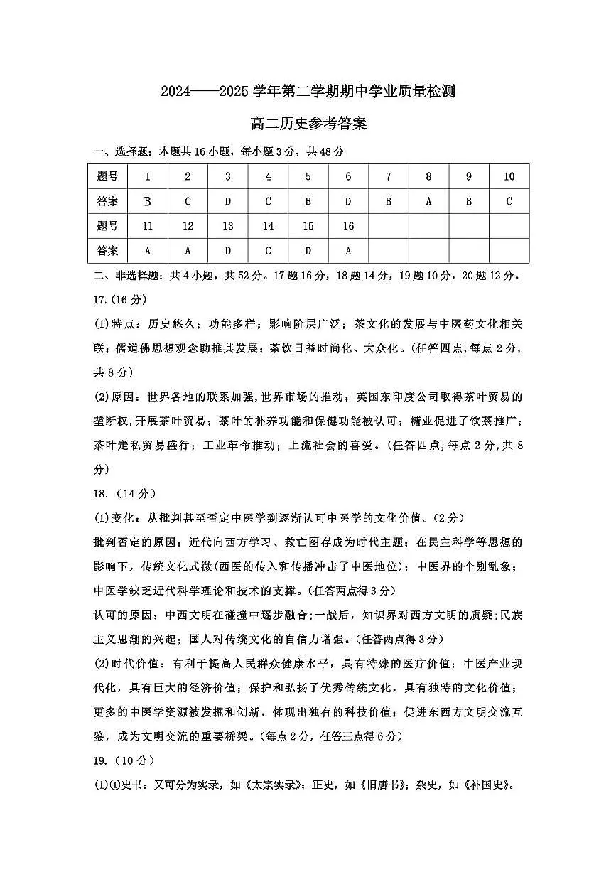 高二历史期中 高二历史参考答案第1页