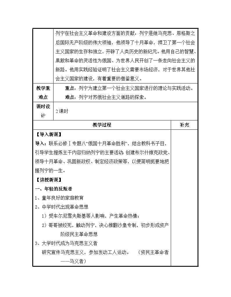 人教版 (新课标)高中历史选修4 5-3《第一个社会主义国家的缔造者列宁》教案第2页