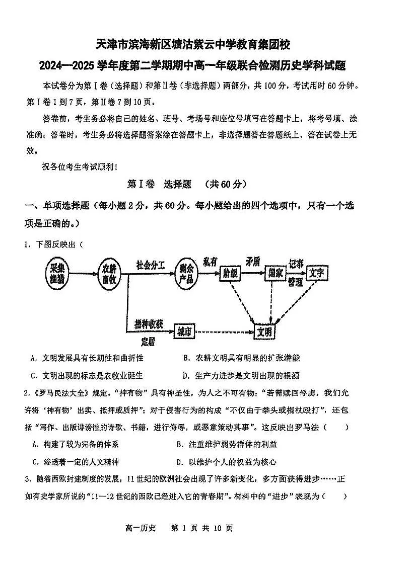 天津市滨海新区塘沽紫云中学教育集团2024-2025学年高一下学期期中考试历史试卷（图片版，含答案）第1页