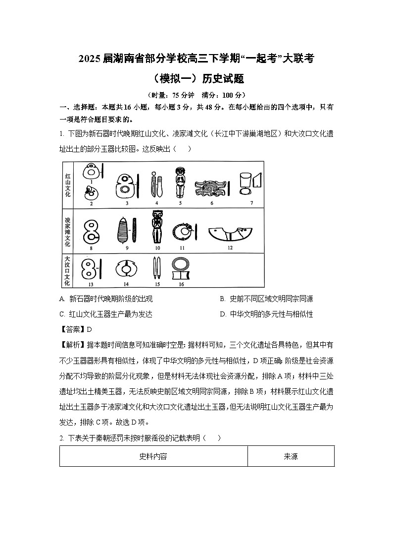 2025届湖南省部分学校高三下学期“一起考”大联考（模拟一）历史试题（解析版）第1页