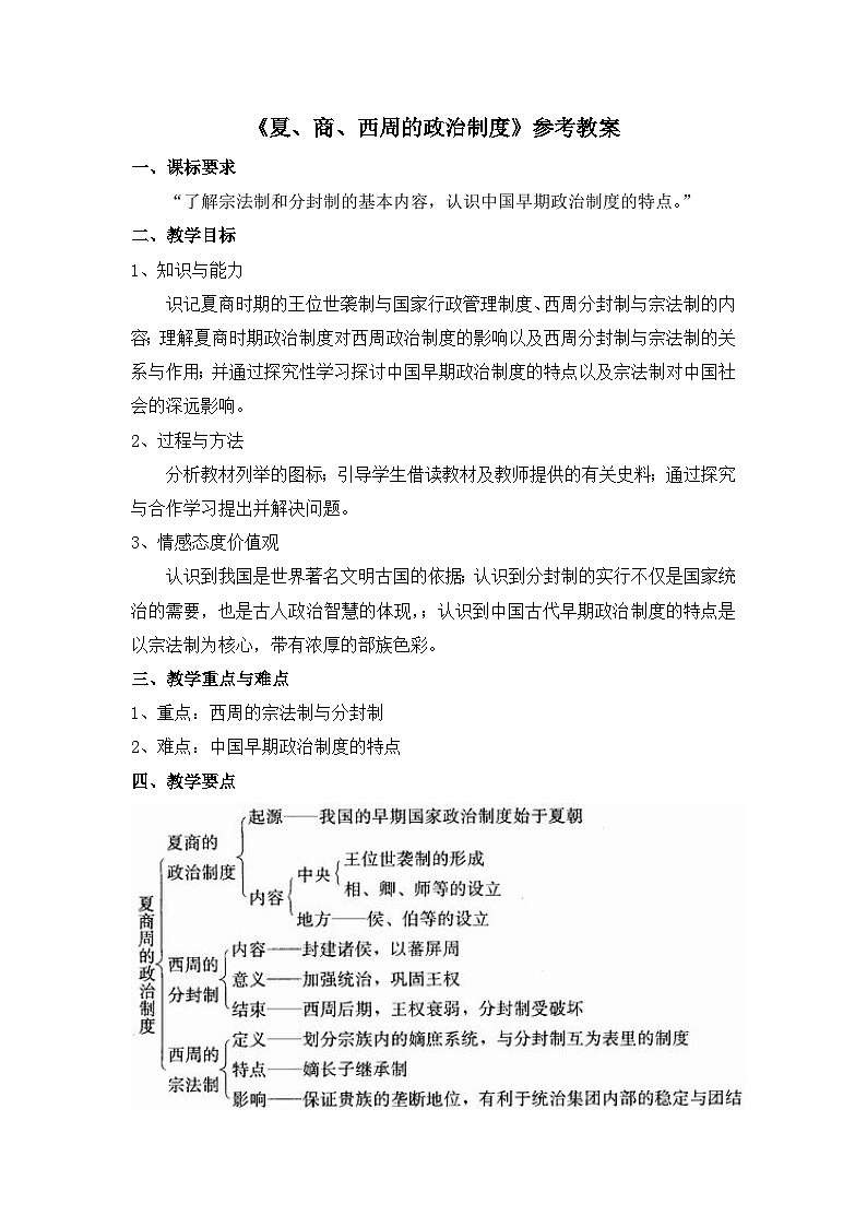 人教版 (新课标)高中历史必修1 1-1《夏、商、西周的政治制度》教案第1页