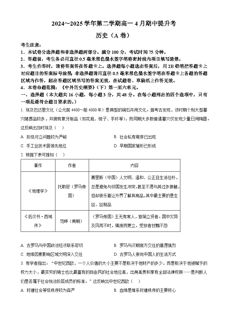 山西省晋城市部分学校2024-2025学年高一下学期4月期中提升考历史试题（原卷版+解析版）第1页