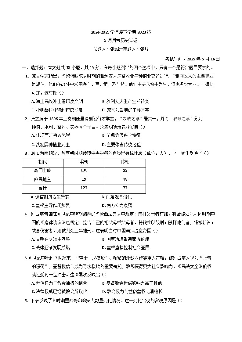 湖北省沙市中学2024-2025学年高二下学期5月月考历史试题(含解析)第1页