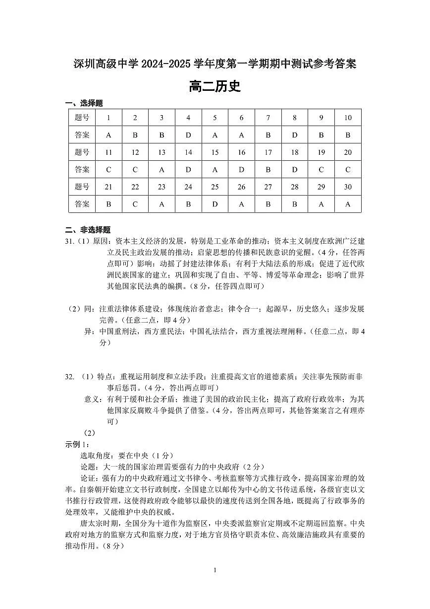 2024-2025学年度高二年级期中考试试题（历史）答案第1页