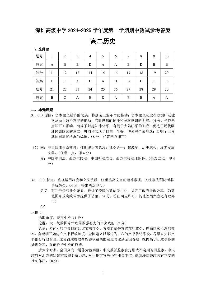 2024-2025学年度高二年级期中考试试题（历史）答案第1页