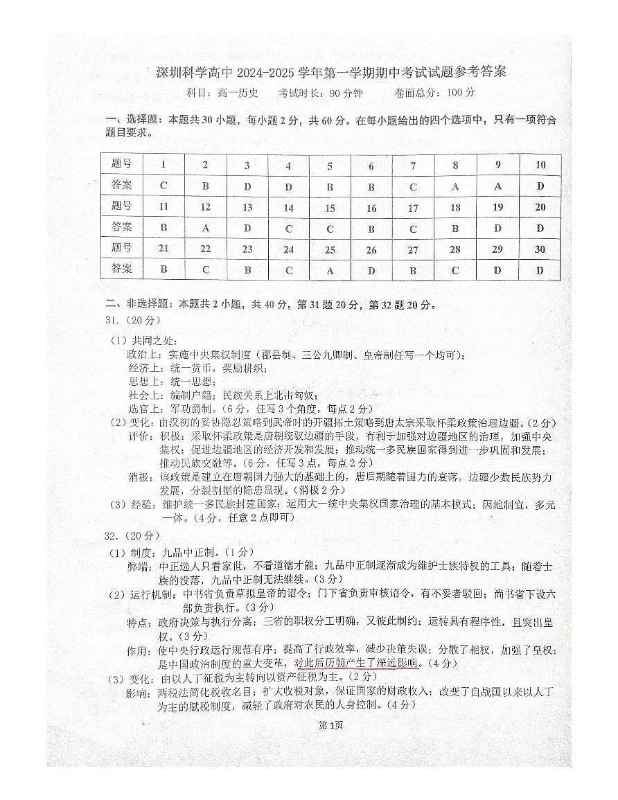 深圳科学高中2024-2025学年第一学期期中考试历史答案第1页