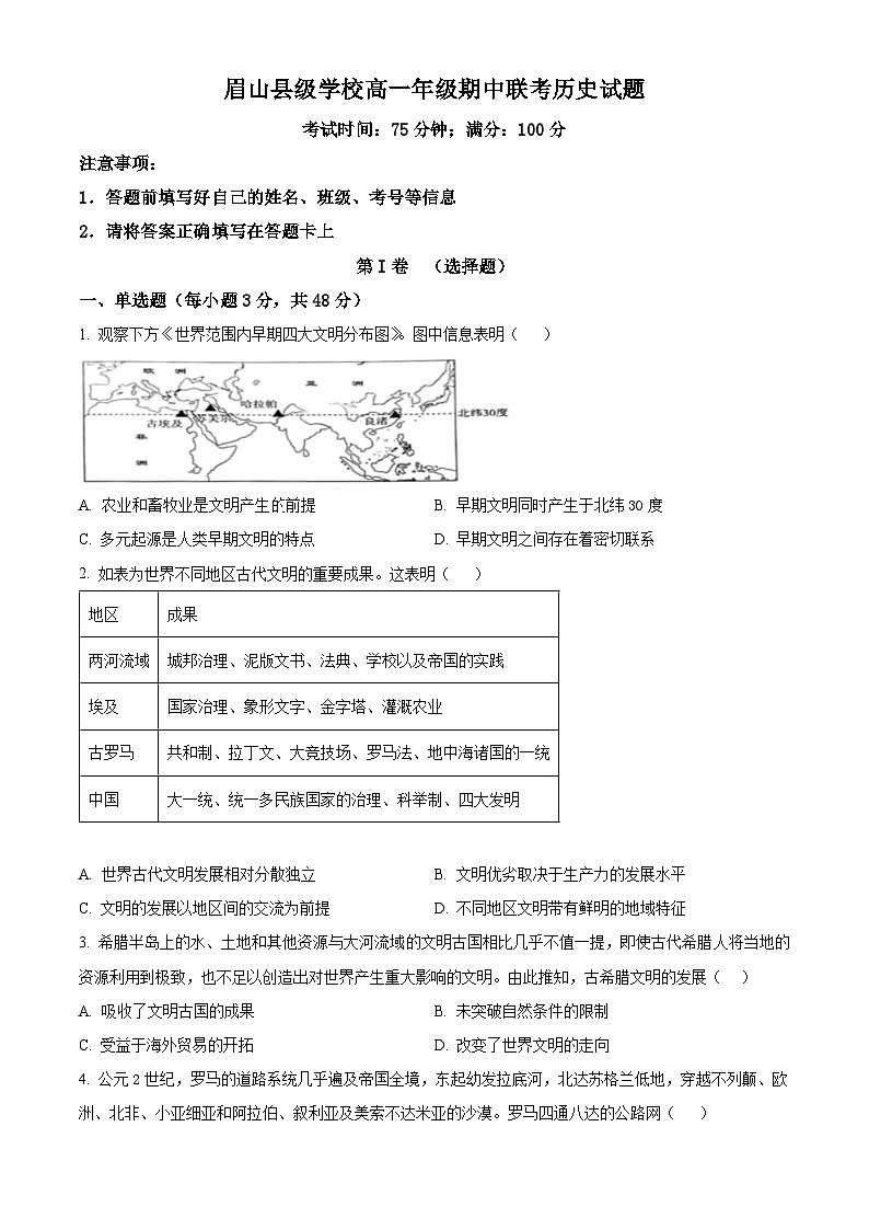 四川省眉山市县级学校2024-2025学年高一下学期期中联考历史试题（原卷版+解析版）第1页