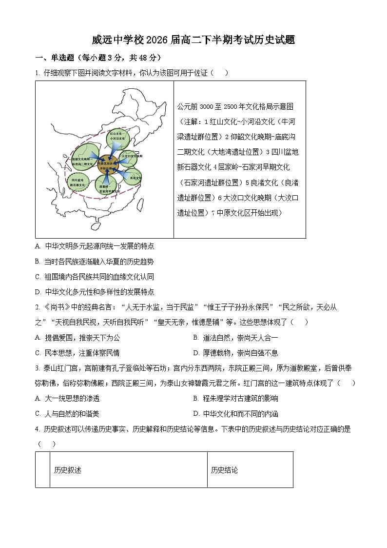 四川省内江市威远中学校2024-2025学年高二下学期期中考试历史试题（原卷版+解析版）第1页