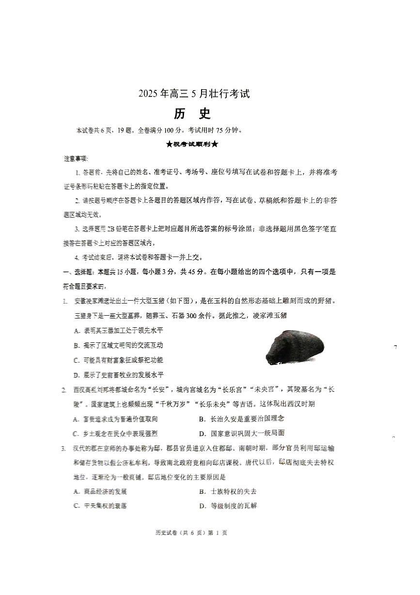 历史-湖北省新八校2025年高三下学期5月壮行考试题及答案第1页