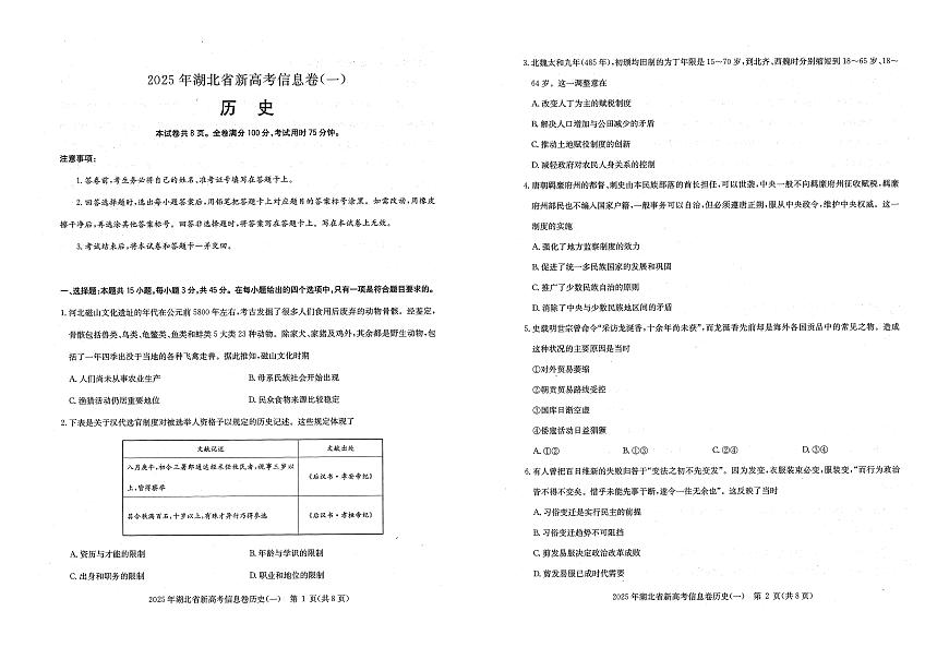 湖北省新高考2025年高三高考模拟信息卷（一）-历史试题+答案第1页