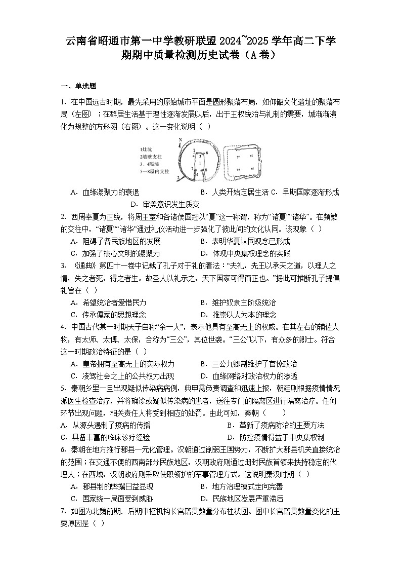 云南省昭通市第一中学教研联盟2024_2025学年高二下学期期中质量检测历史试卷（A卷）（含解析）第1页