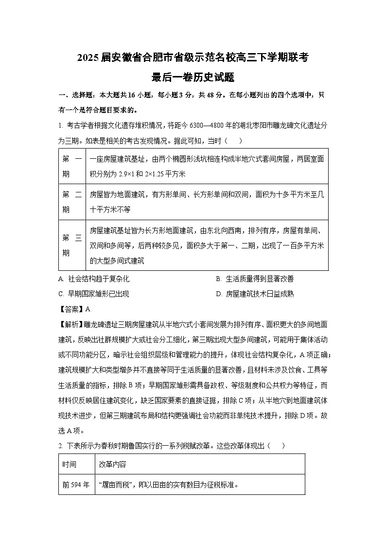 2025届安徽省合肥市省级示范名校高三下学期联考最后一卷历史试题（解析版）第1页
