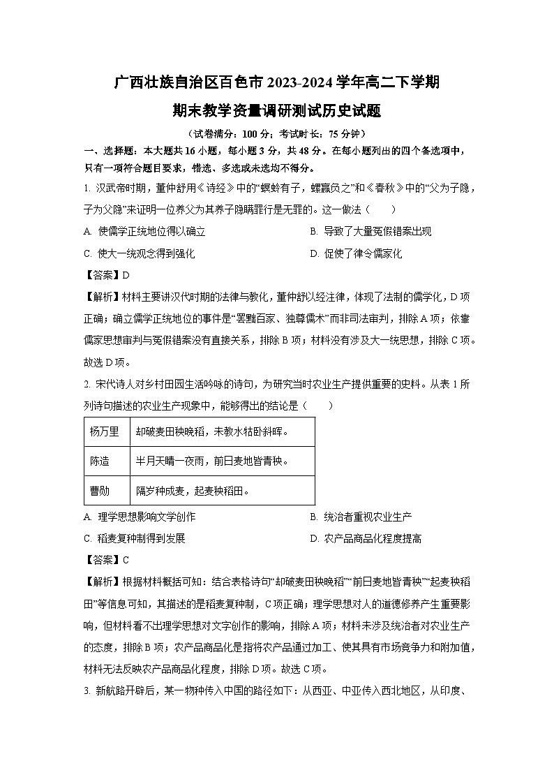 广西壮族自治区百色市2023-2024学年高二下学期期末教学资量调研测试历史试题（解析版）第1页