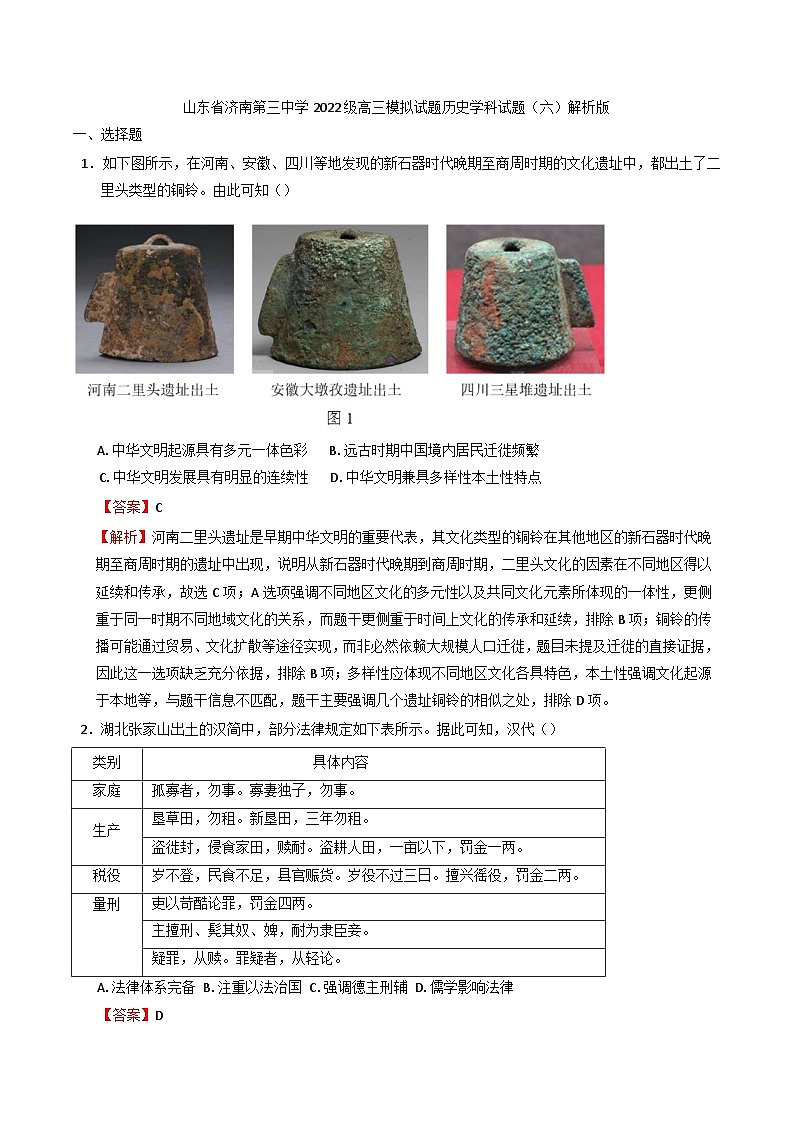 2025届山东省济南第三中学高三下学期模拟考试（六）历史试题（含答案）第1页