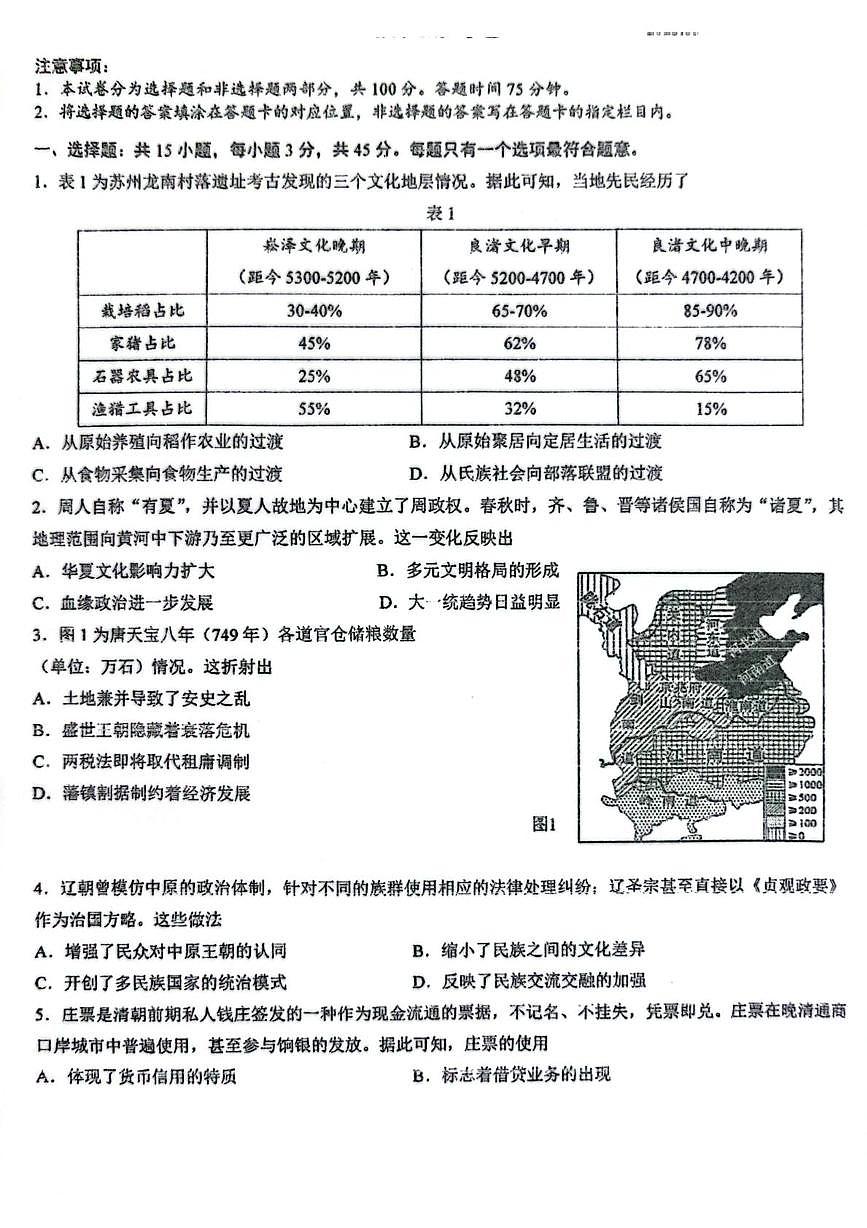 2025届江苏省苏州市高考三模历史试题（高考模拟）第1页