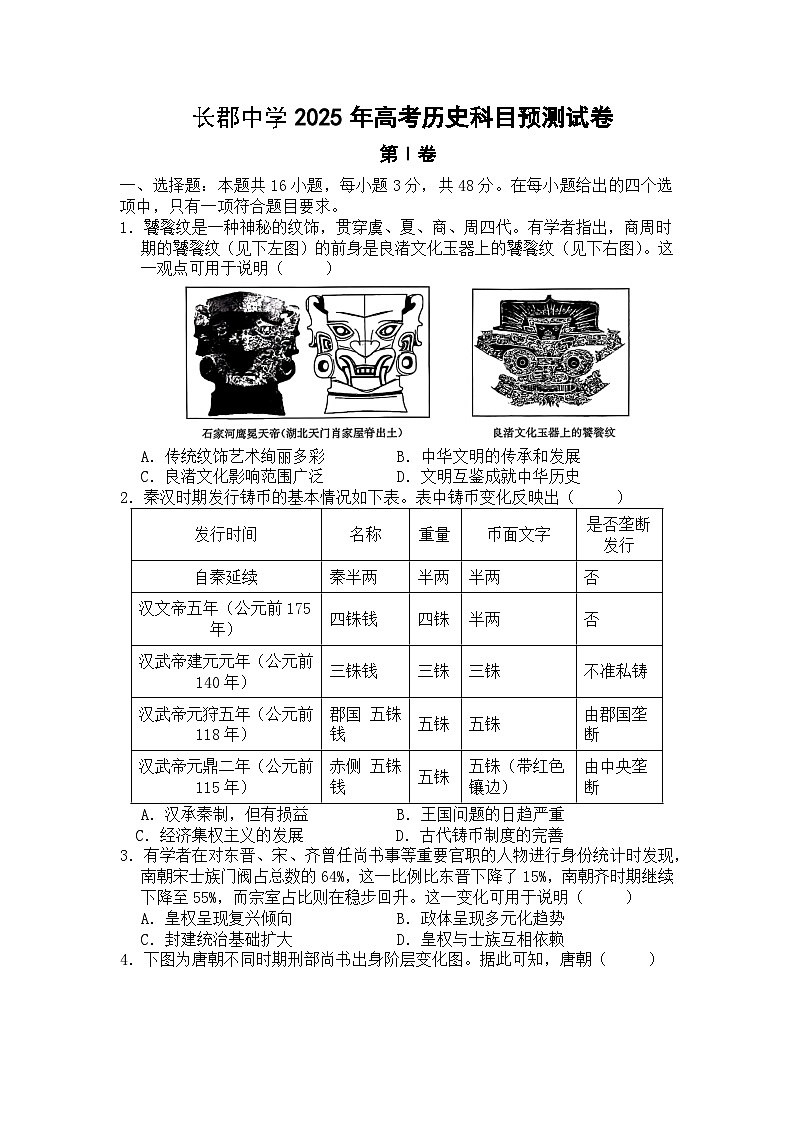 2025届湖南省长沙市长郡中学高三下学期预测历史试卷（高考模拟）第1页