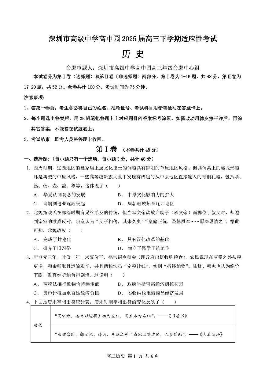 深圳市高级中学高中园2025届高三高考适应性考试（历史）试题第1页