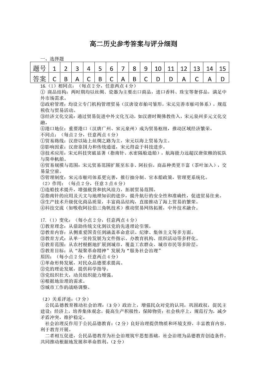 高二历史参考答案与评分细则1第1页