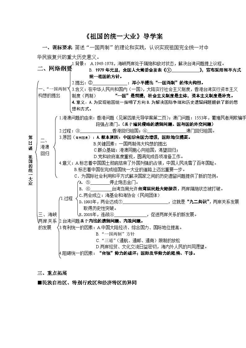 人教版 (新课标)高中历史必修1 6-22《祖国统一大业》导学案（网络纲要__同步训练无答案）第1页