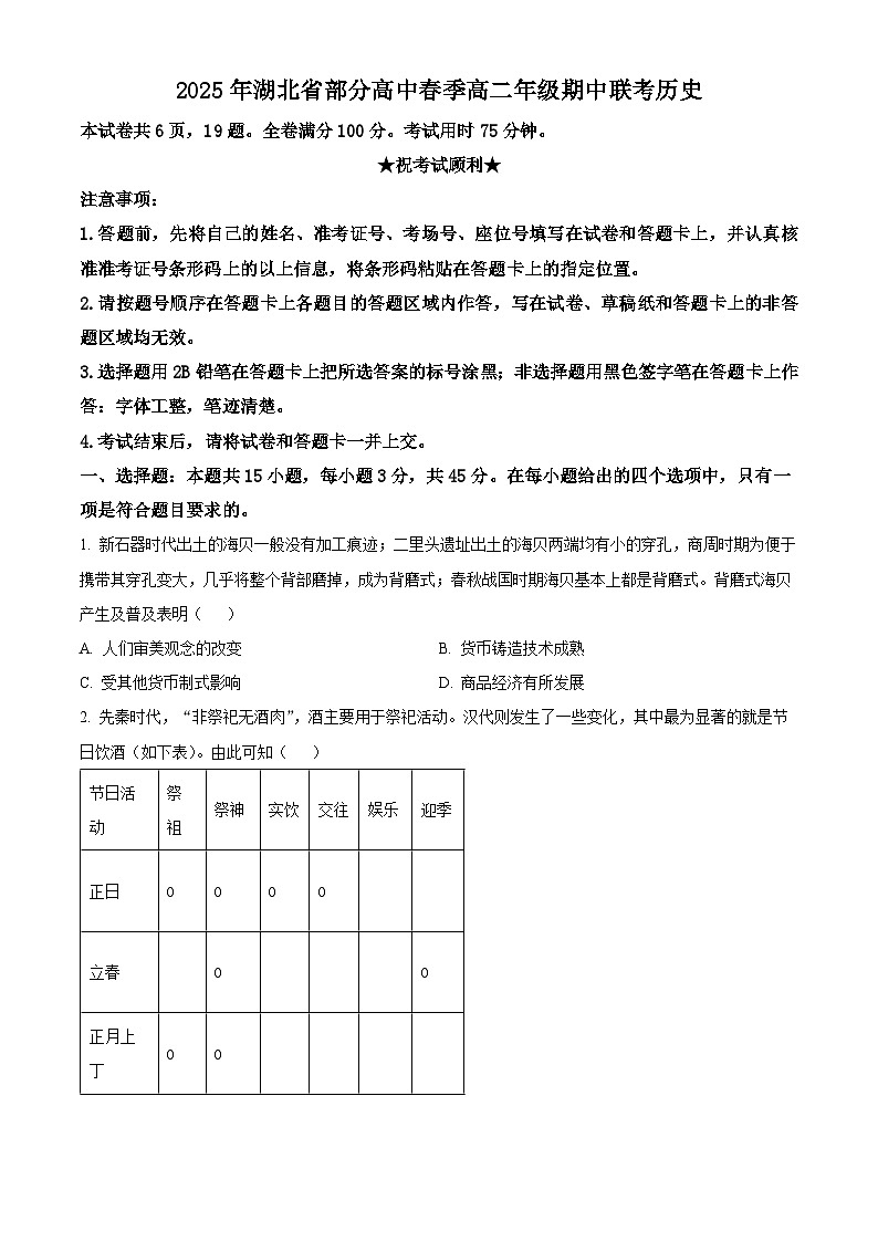 湖北省黄冈市十五校2024-2025学年高二下学期期中联考历史试题（原卷版+解析版）第1页
