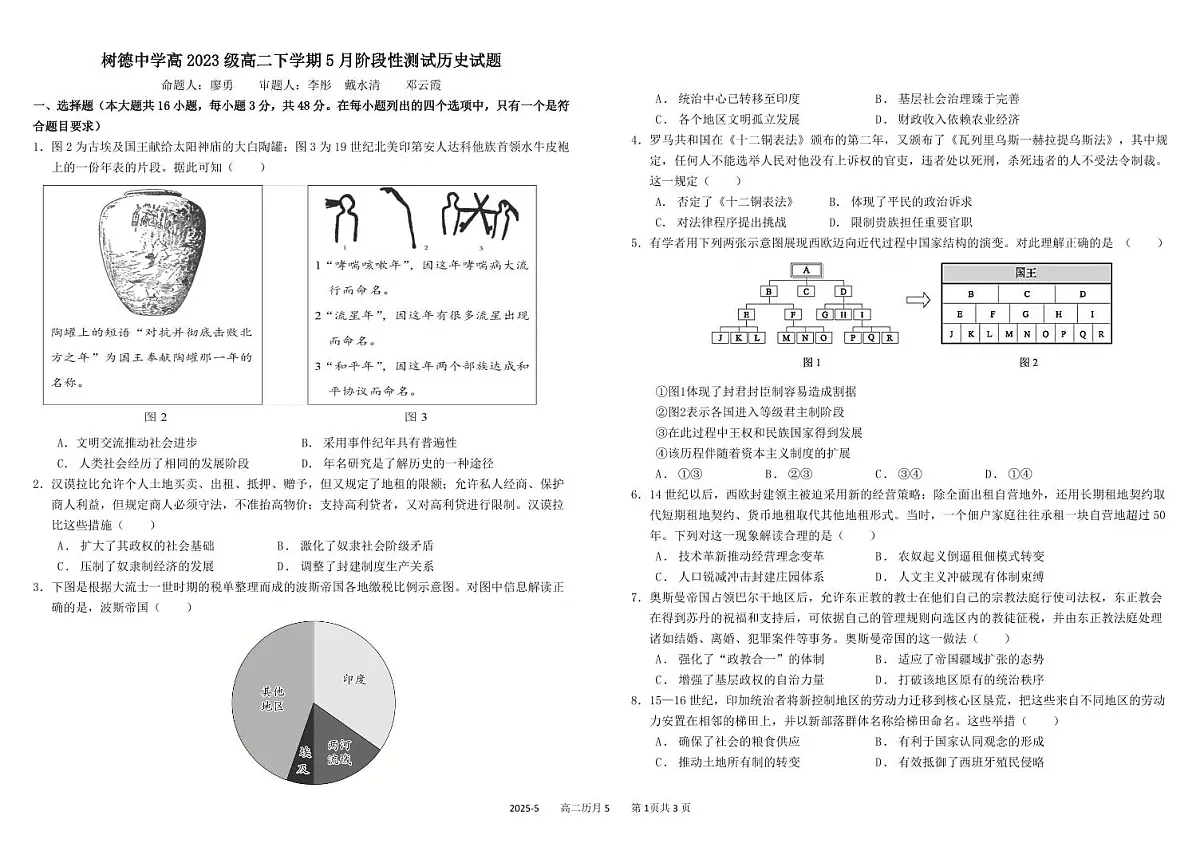 四川省成都市树德中学2024-2025学年高二下学期5月月考历史试卷（PDF版附答案）第1页
