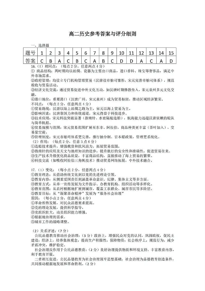 高二历史参考答案与评分细则1第1页
