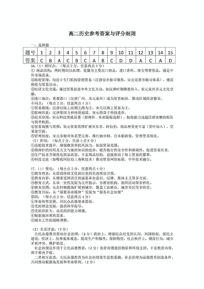 高二历史参考答案与评分细则1第1页