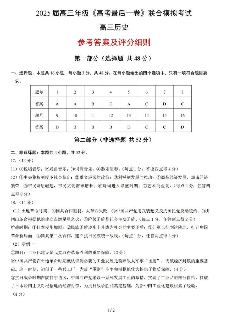 东三省名校联盟 2025 高三《最后一卷》联合模拟考试-历史答案第1页