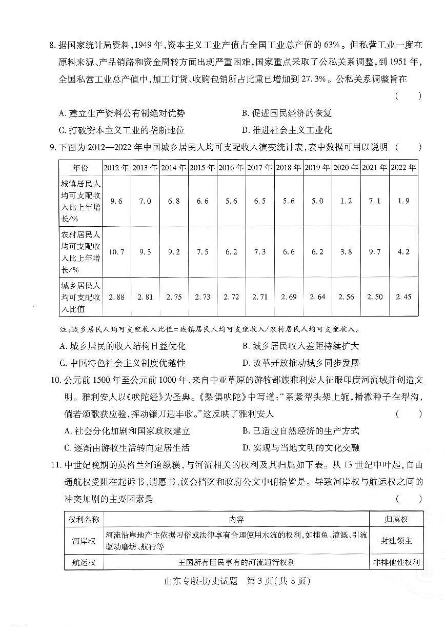 2025年高三历史高考押题预测卷（山东专版）（王后雄）及其答案第3页