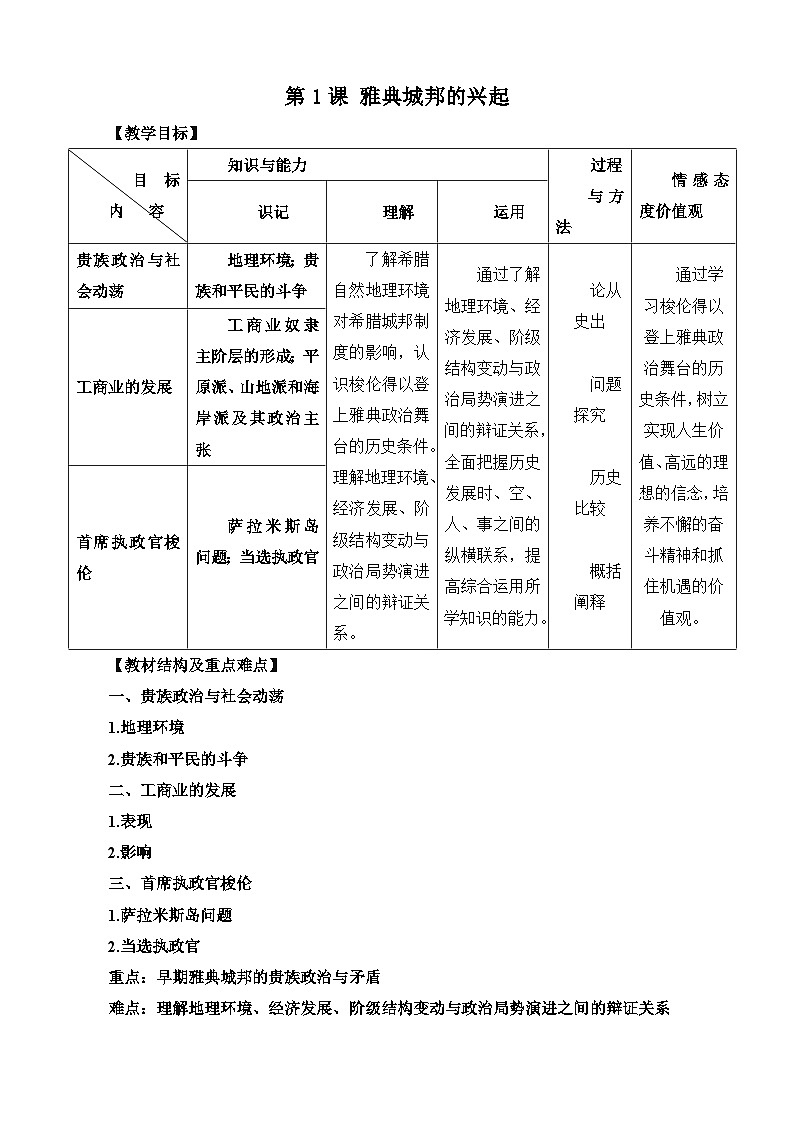 人教版 (新课标)高中历史选修1 1-1《雅典城邦的兴起》教案第1页