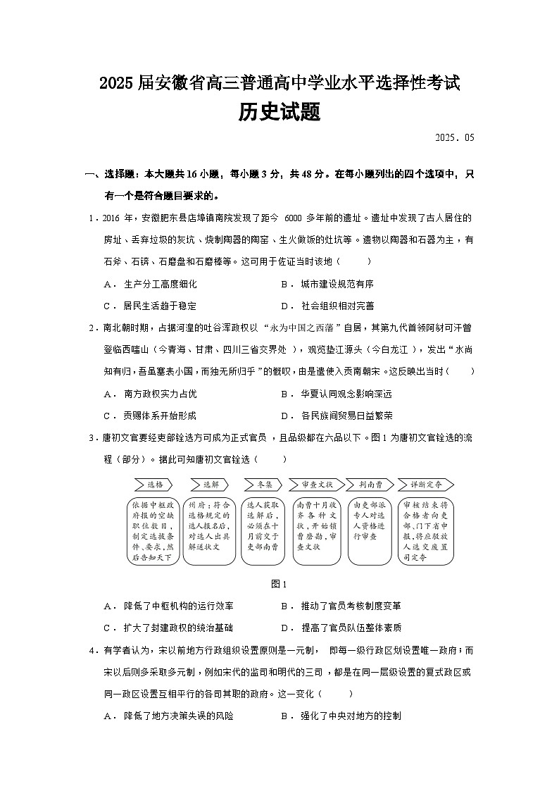 2025届安徽省高三普通高中学业水平选择性考试历史试题含答案第1页