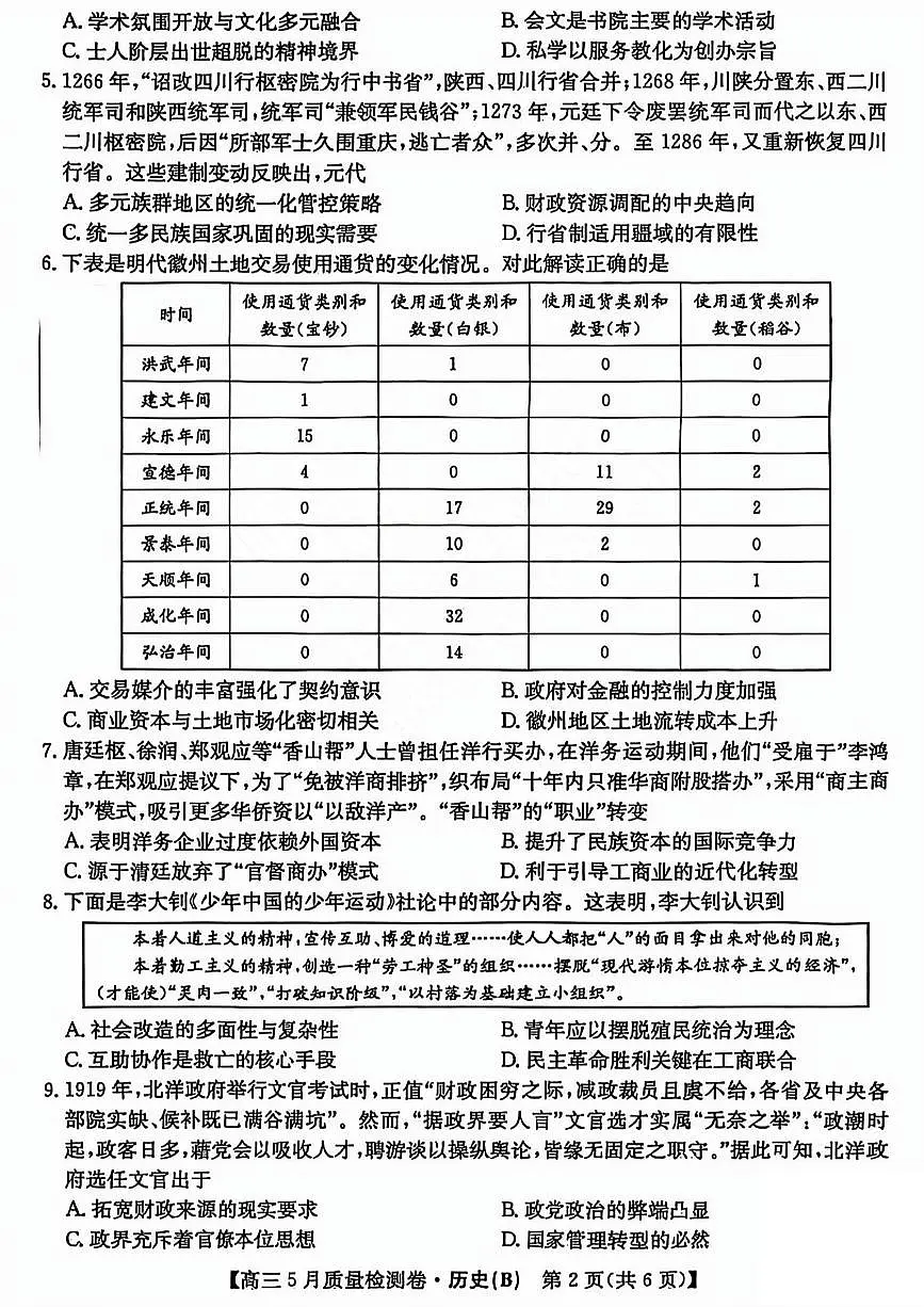 三晋卓越联盟2025届高三5月质量检测卷历史试题B第2页