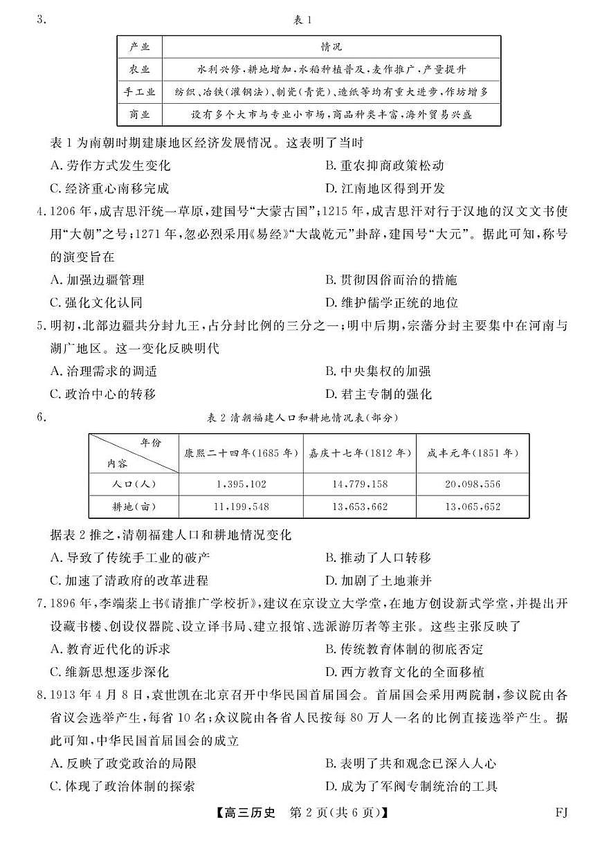 福建百校联考2025届高三下学期5月押题考试历史试卷（PDF版附解析）第2页