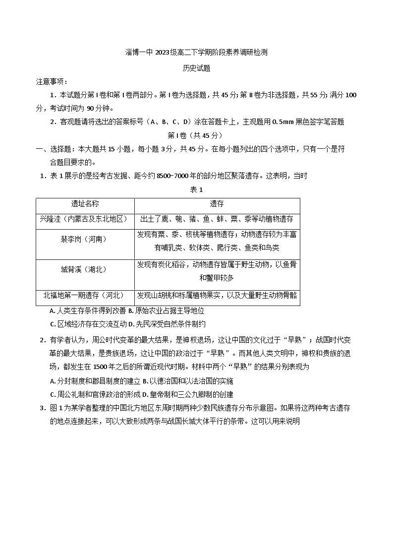 山东省淄博第一中学2024-2025学年高二下学期5月阶段素养调研历史试题（含答案）第1页