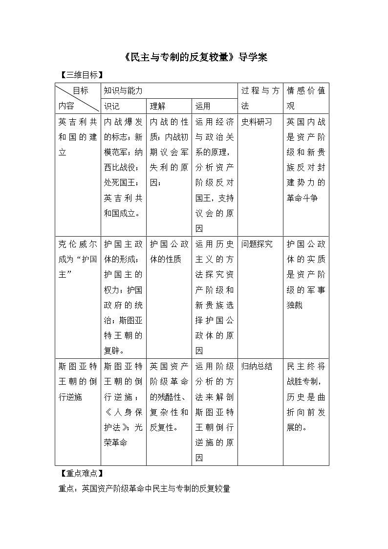 人教版 (新课标)高中历史选修2 2-2《民主与专制的反复较量》导学案第1页