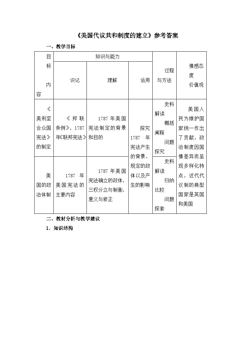 人教版 (新课标)高中历史选修2 4-3《美国代议共和制度的建立》教案第1页