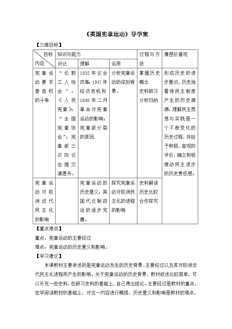 人教版 (新课标)高中历史选修2 7-1《英国宪章运动》导学案第1页
