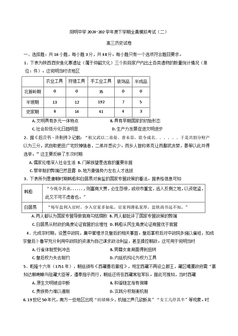 2025届江西省吉安市阳明中学高三下学期全真模拟考试（二）历史试题（含答案）第1页