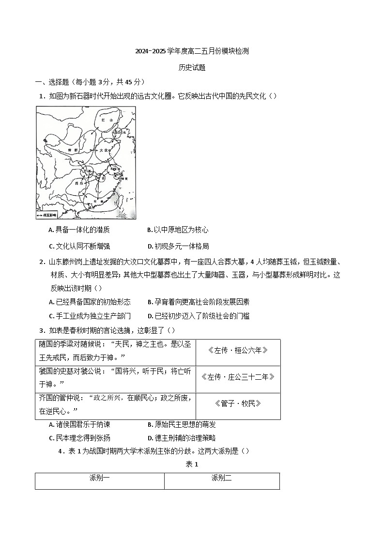 山东省济宁市实验中学2024-2025学年高二下学期5月月考历史试卷(含解析)第1页