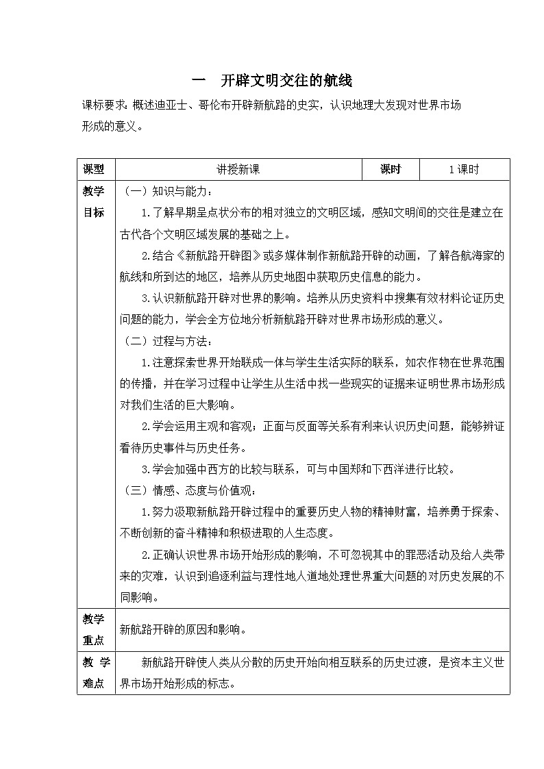 人民版高中历史必修2 5-1《开辟文明交往的航线》教案第1页