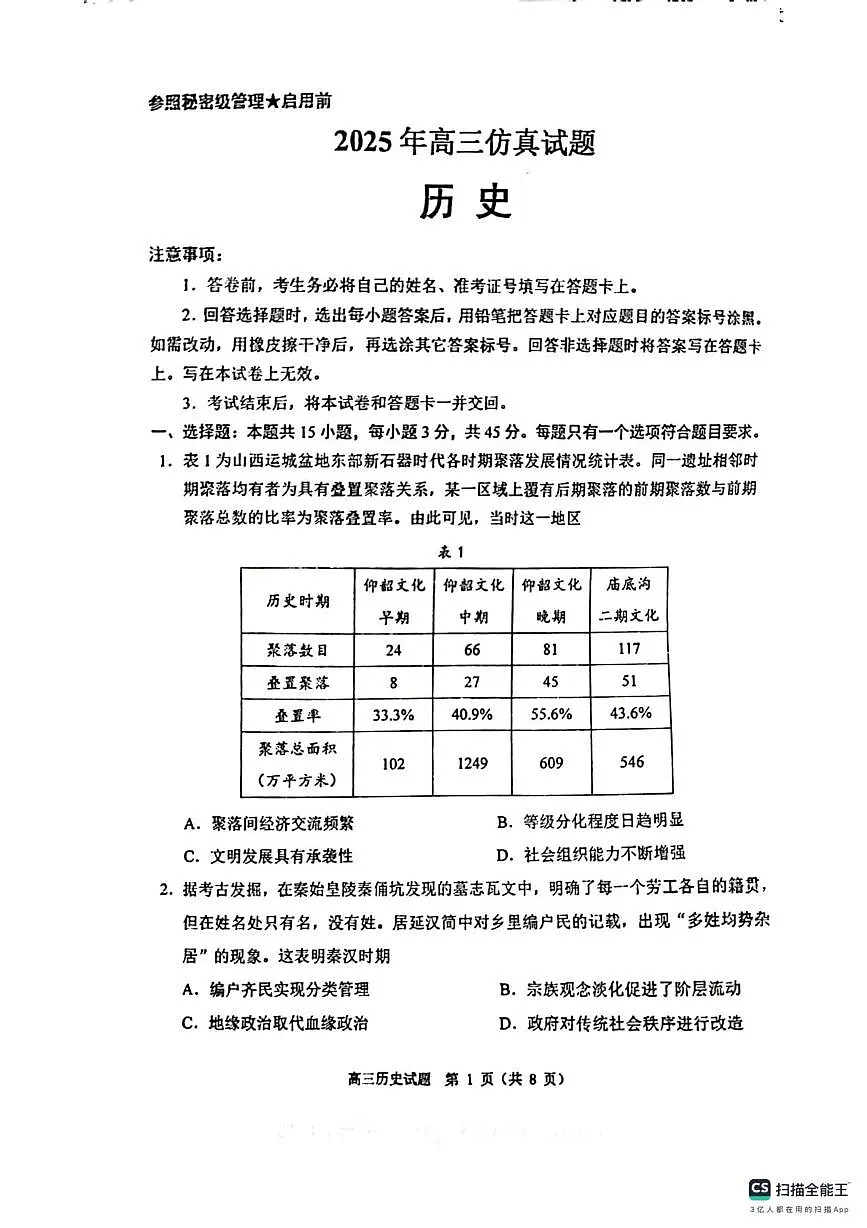 2025届山东省淄博实验中学高三下学期仿真模拟（三模）历史试题（高考模拟）第1页