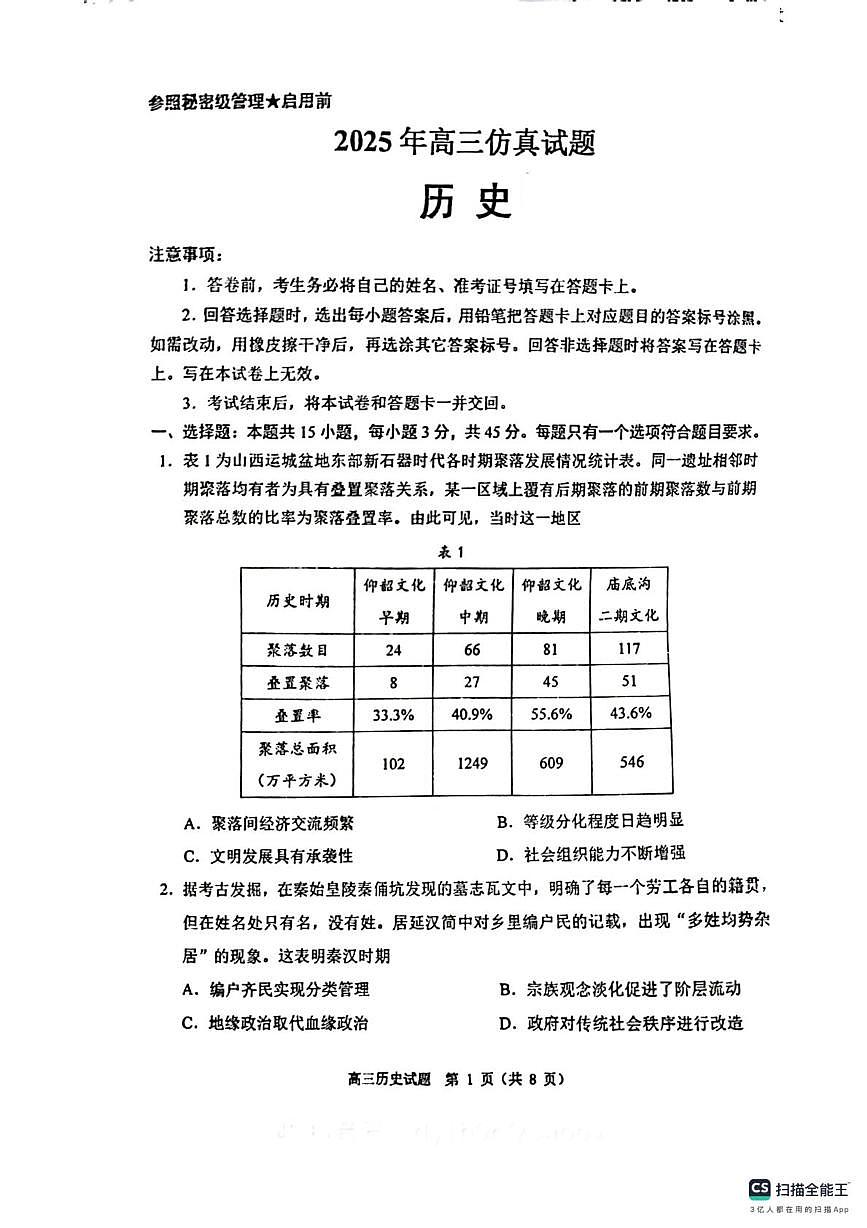 2025届山东省淄博实验中学高三下学期仿真模拟（三模）历史试题（高考模拟）第1页