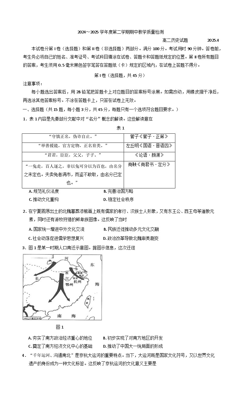 山东省济宁市邹城市2024-2025学年高二下学期期中教学质量检测历史试题（含答案）第1页